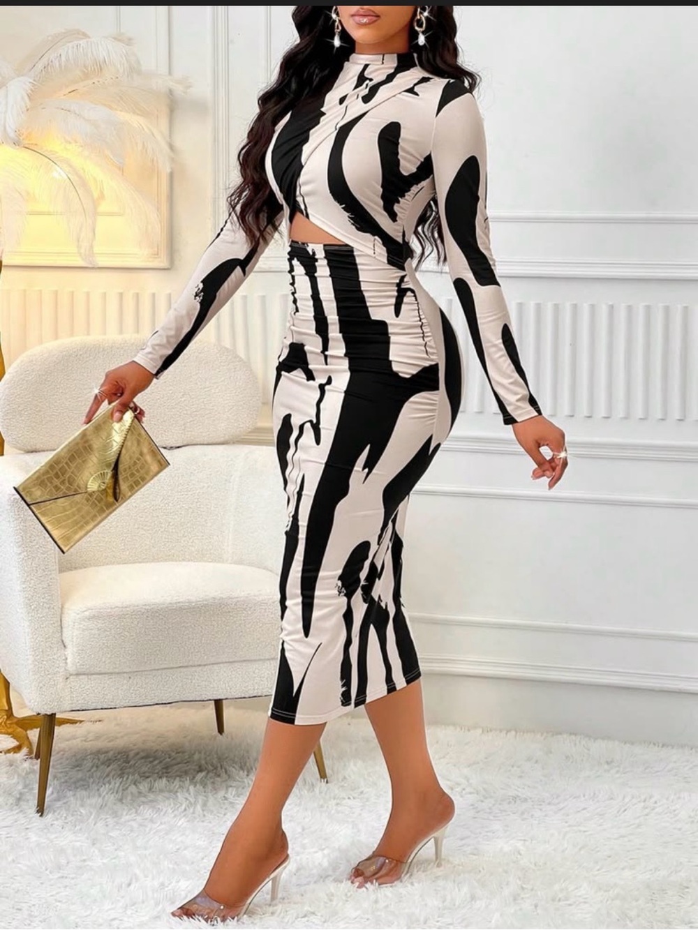 SHEIN Black & Cream Abstract Cutout Midi Dress L long sleeved